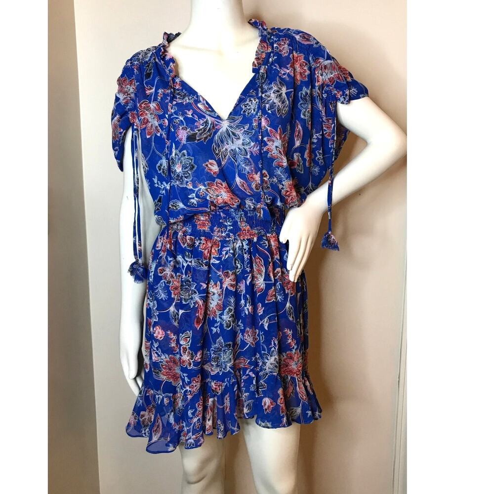 MISA Los Angeles Blue Red Floral Mini Dress M Flowy Blouson